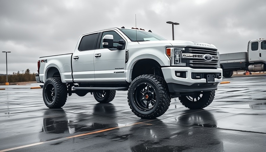 Pros of driving a lifted truck: white lifted truck in parking lot, overcast day.