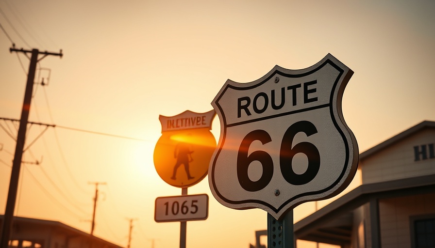 Vintage Route 66 sign during sunset on a road trip