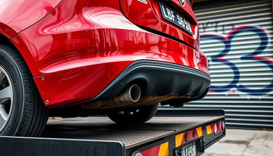 Red car with damage on tow truck highlighting essential legal steps after an accident.