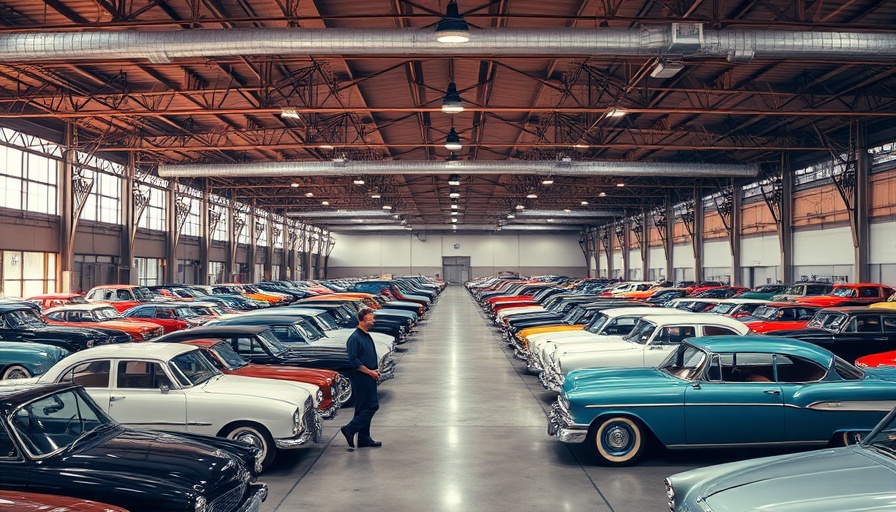 Rows of classic cars at an auction, person exploring vehicles.