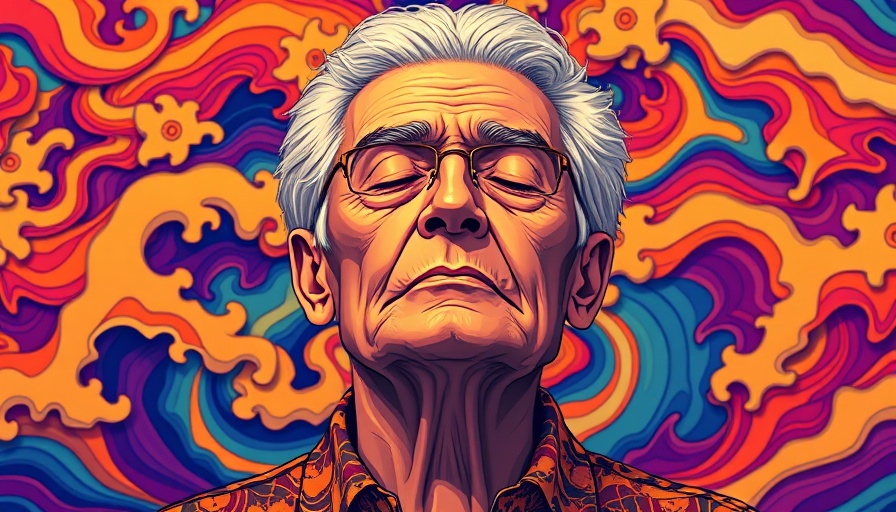 Colorful illustration of an older man embracing self-care, abstract background.