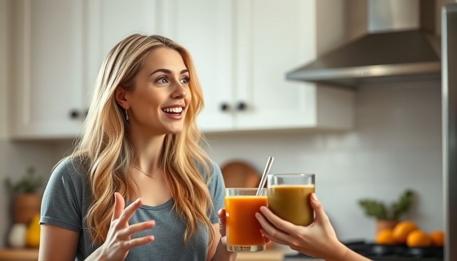 Casual blonde woman in kitchen, discussing healthy lifestyle tips.