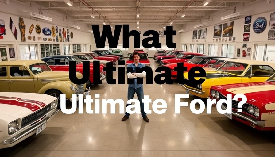 A lineup of vintage and modern cars with text overlay in an auto showroom.
