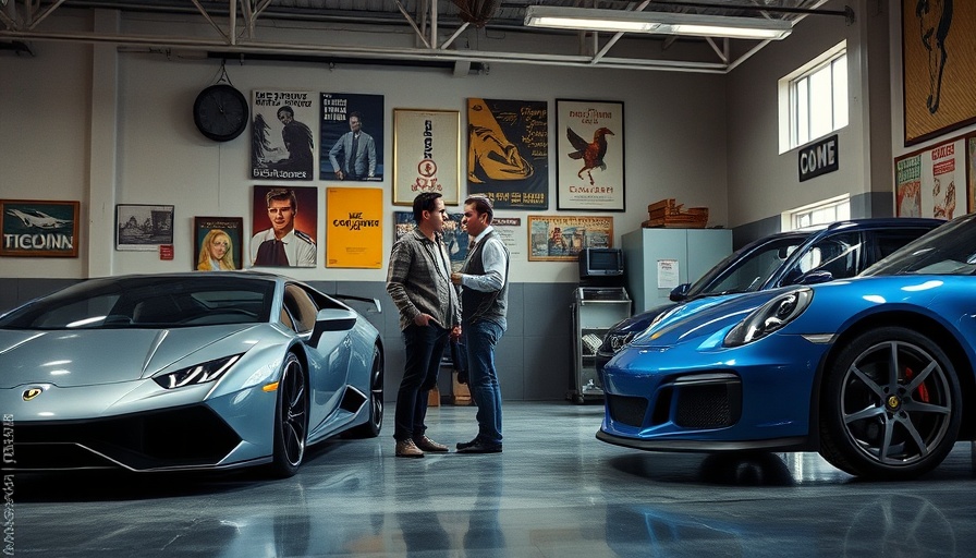 Men in garage discussing cars, how to maintain a car.