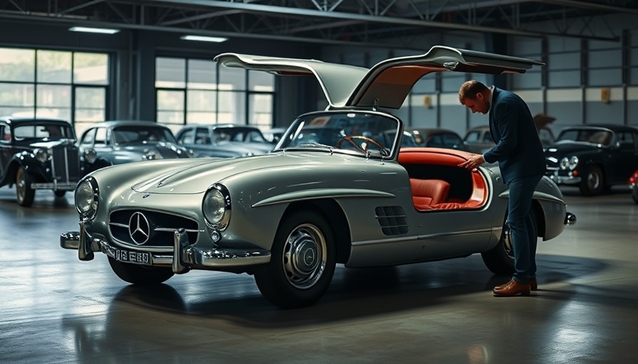 Car maintenance tips with vintage Mercedes Benz in garage.