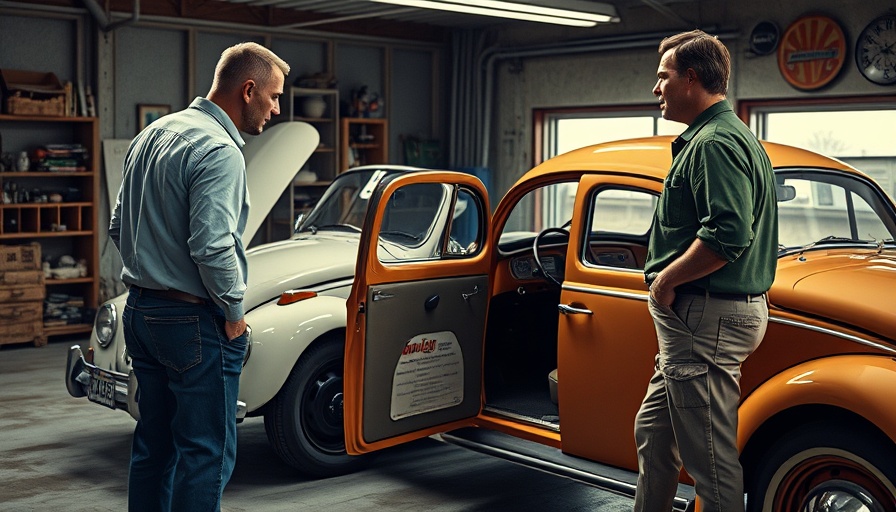 Classic 1957 Volkswagen Beetle in garage with two men discussing how to maintain a car.