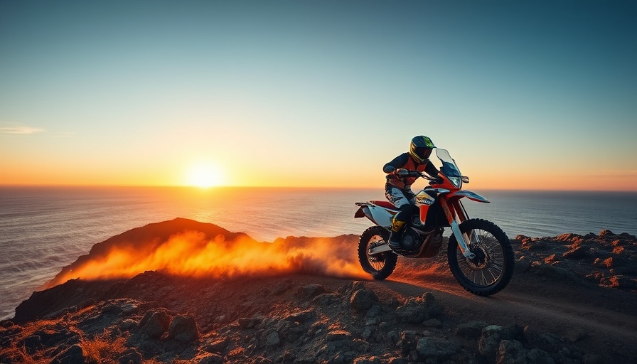 Husqvarna 701 Enduro motorcycle tackling a cliffside trail at sunset.
