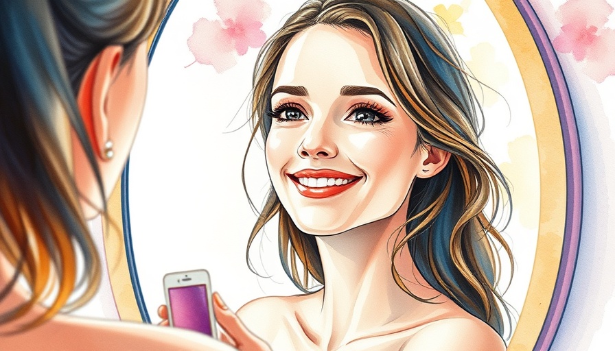 Watercolor illustration of content woman practicing self-trust techniques in mirror.