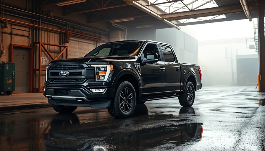 Sleek black 2025 Ford F-150 Lobo in an industrial setting.