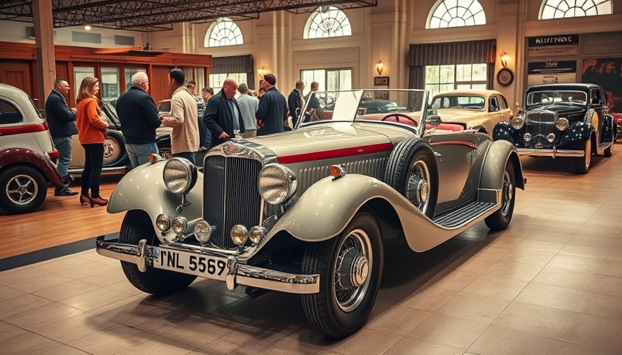 Vintage Ruxton automobile admired indoors, front-wheel drive vehicles.