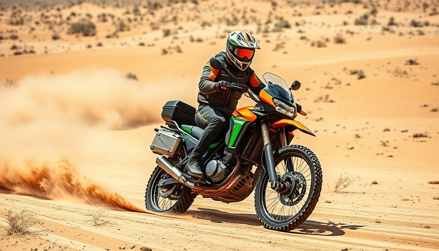 Kawasaki KLR650 motorcycle showcasing reliability in desert terrain.