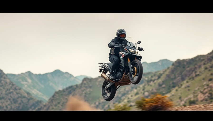 Adventure bike rider jumping over rugged terrain.