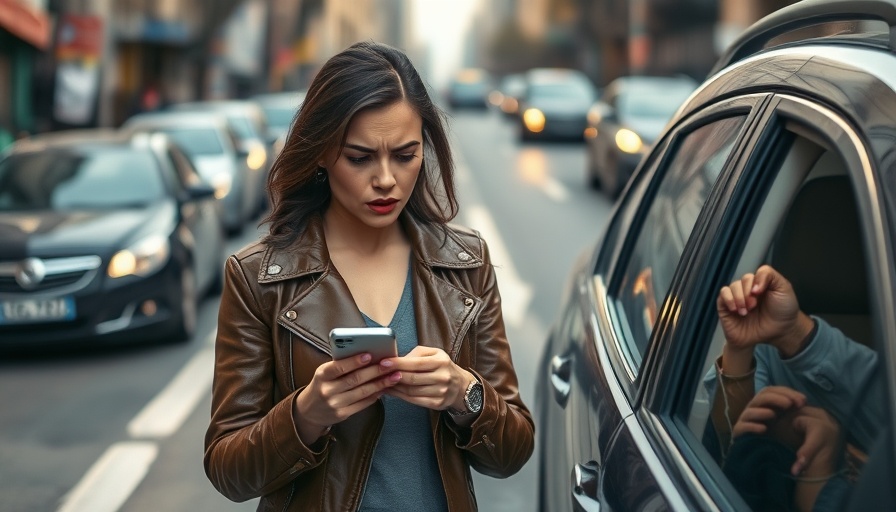 Concerned woman by a damaged car after accident, holding phone.