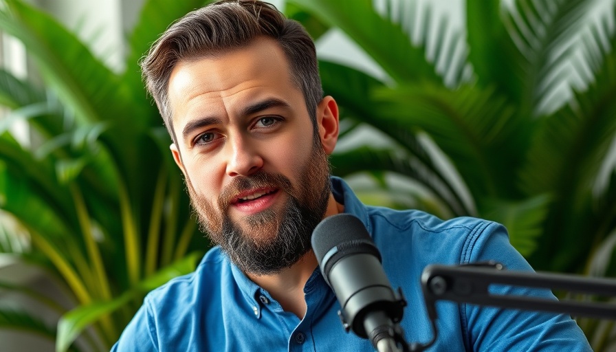 Confident man giving healthy lifestyle tips on a podcast with plants.