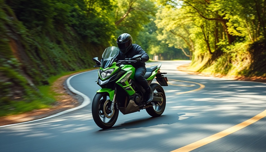 Green dual-sport motorcycle for beginners on a winding road.