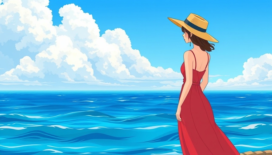 Peaceful summer beach scene with woman in red dress.