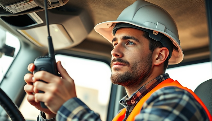 Young male construction worker using radio in vehicle cabin for ELDT Online Training.
