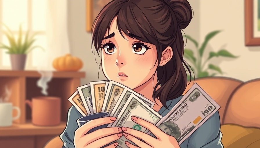 Illustration of self-care for financial struggles, worried woman with bills.