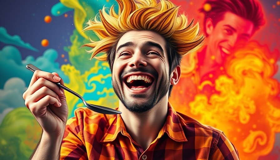Bright-headed man with spoon in transformation scene showing body change.