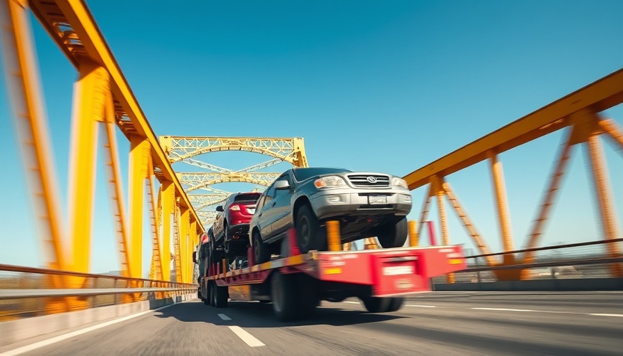 Car transport truck on metal bridge, professional car hauling accessories.