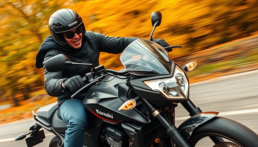 Kawasaki Z500 motorcycle with rider in autumn setting.