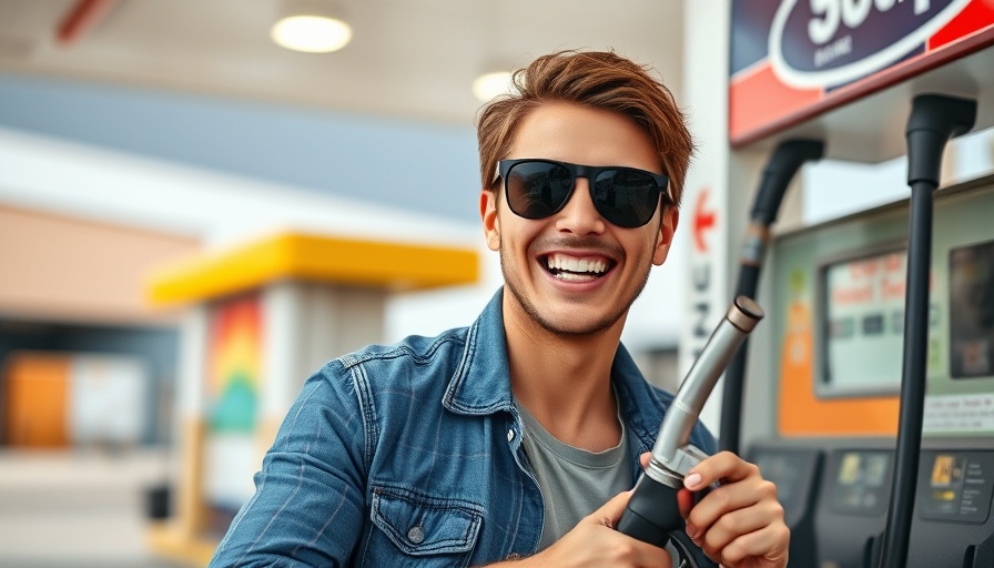Young man at gas station for car buying guide.
