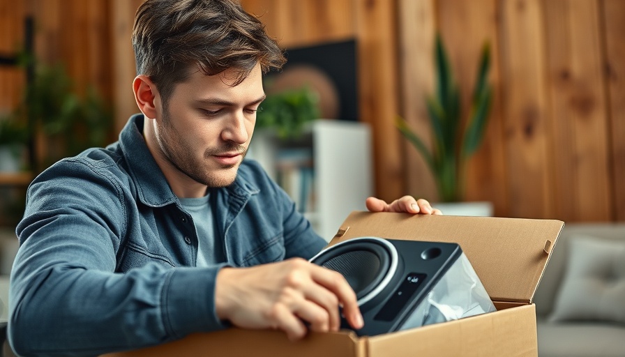 Man unboxing car speaker indoors, focused expression.