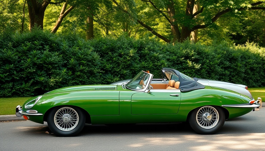 Jaguar E-Type convertible and coupe parked, perfect for modern driver.