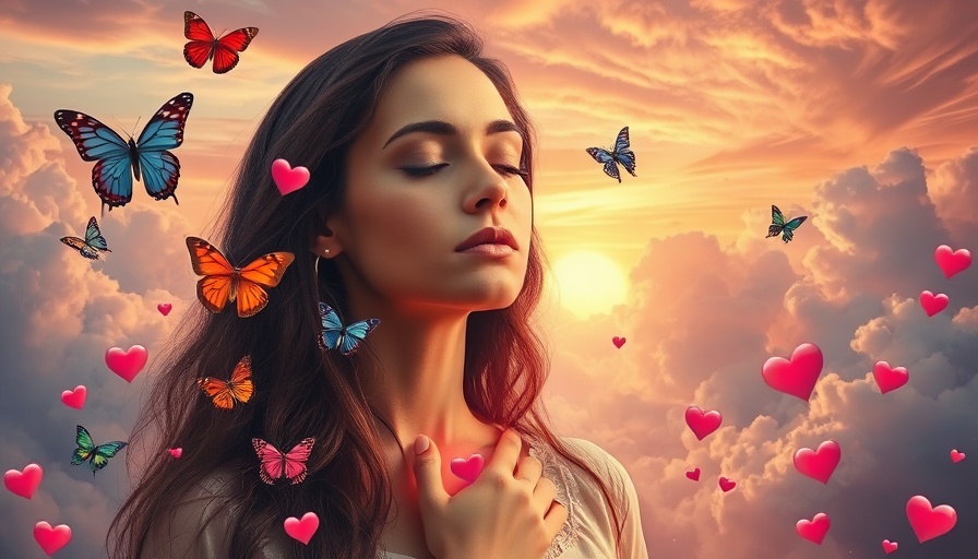 Dreamy artwork of woman with butterflies symbolizing mental health self-care.
