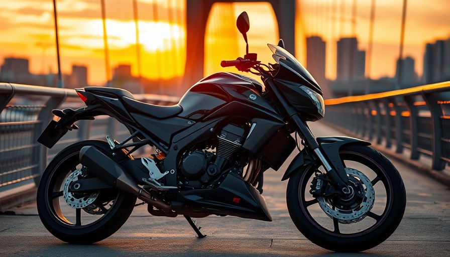 Exotic-looking motorcycle on a bridge at sunset