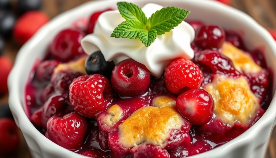 High protein snacks berry cobbler with cream and mint.