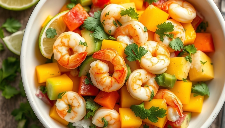 Colorful Mango Avocado Shrimp Salad in a white bowl, garnished with cilantro.