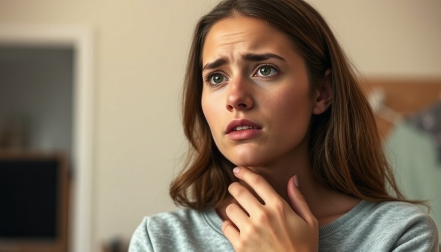 Woman checking throat for thyroid issues, related to eating with hypothyroidism and hyperthyroidism.