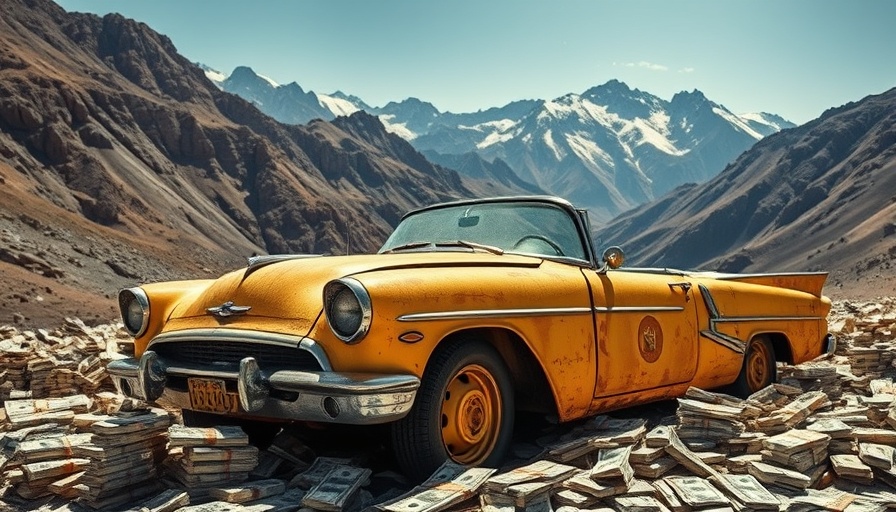 Inflation impacts salvage vehicles: rusted car with cash piles.