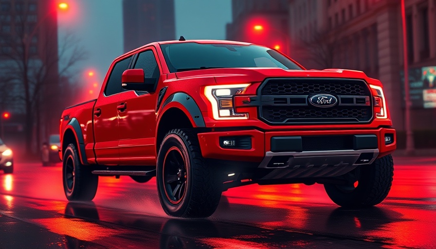 Red Ford F-150 Lobo on wet city street at night.