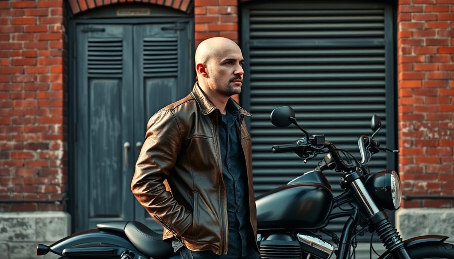 Man with small cruiser motorcycle, urban background