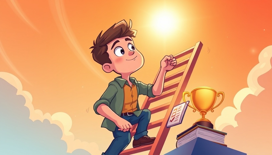 Self-care for emotional growth: young man climbing ladder towards a glowing sky.