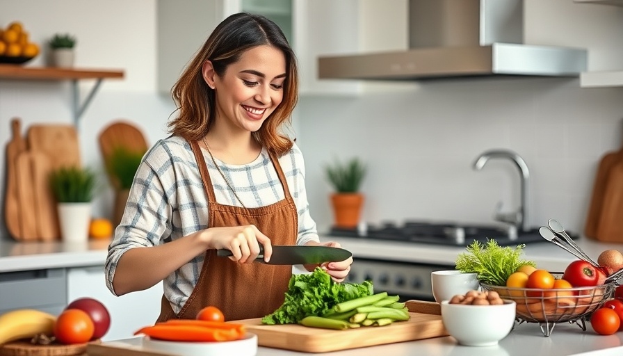 Cheerful woman slicing healthy meal in a modern kitchen, weight loss tips.