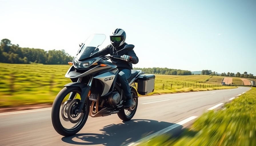 Rider on BMW GS motorcycle on scenic country road.