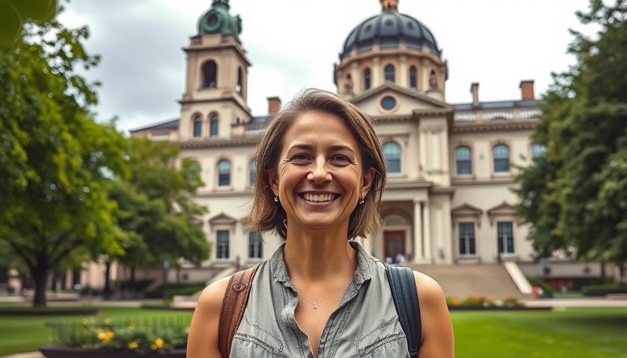Confident woman outdoors with a historic building background, IT improves nursing coordination.