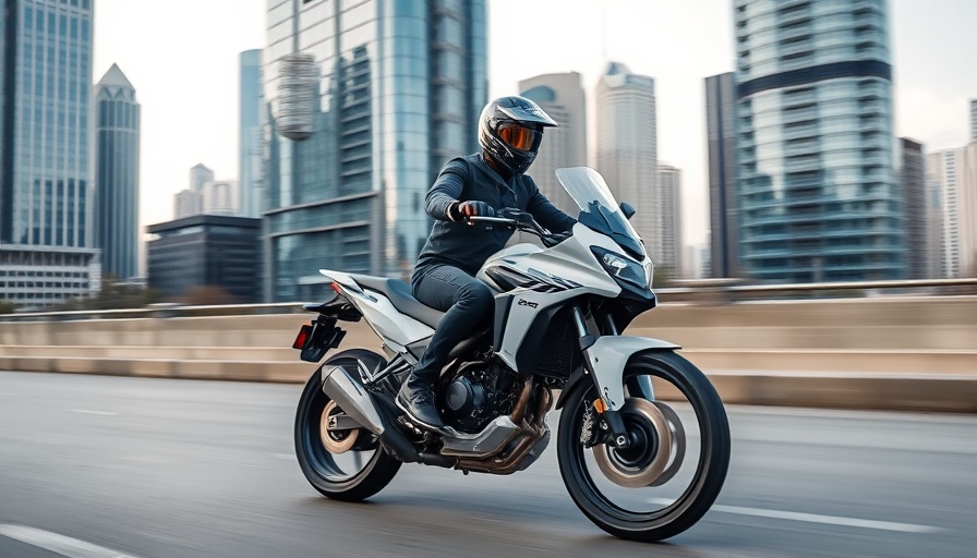 Dual-sport motorcycle commuting through urban cityscape.