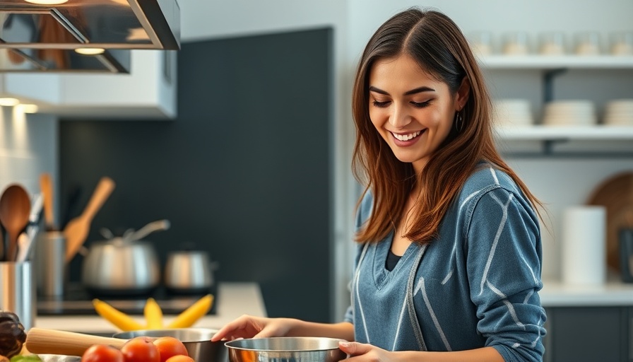 Smiling woman cooking in modern kitchen, healthy living lifestyle.