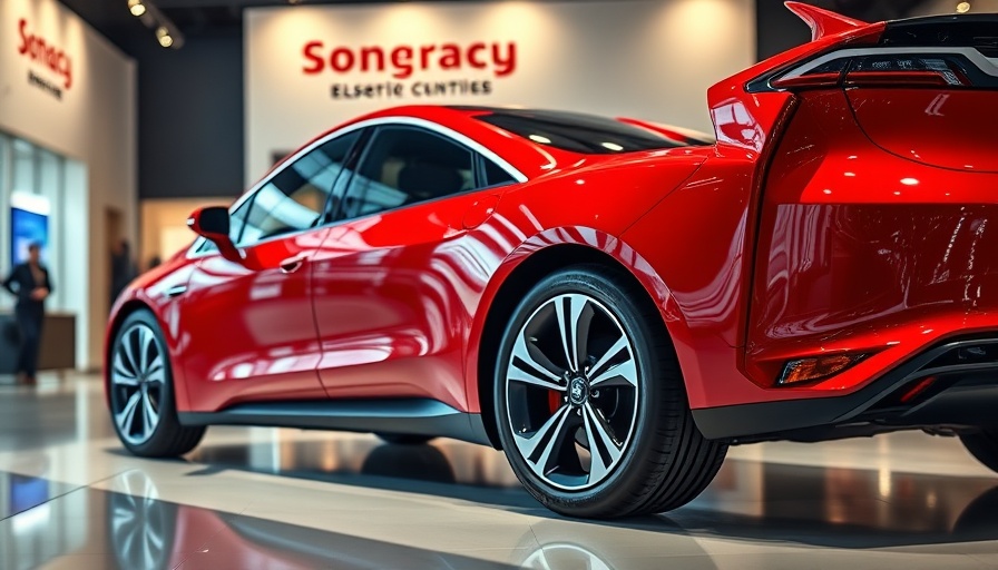 Nissan Foxconn sleek red electric vehicle on showroom display.