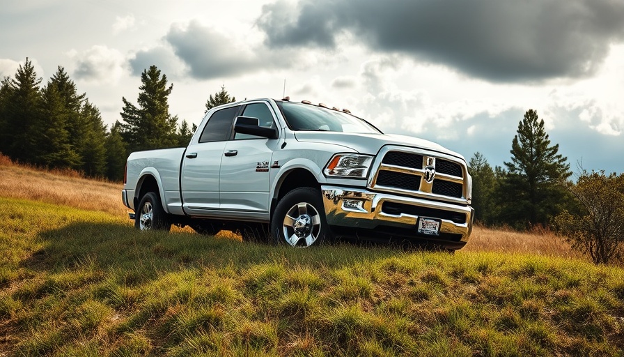 White Ram truck parked on grassy hill under cloudy sky.