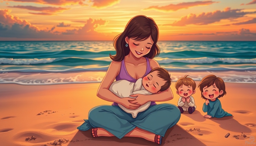 Mother practicing self-care routine at beach with playful children