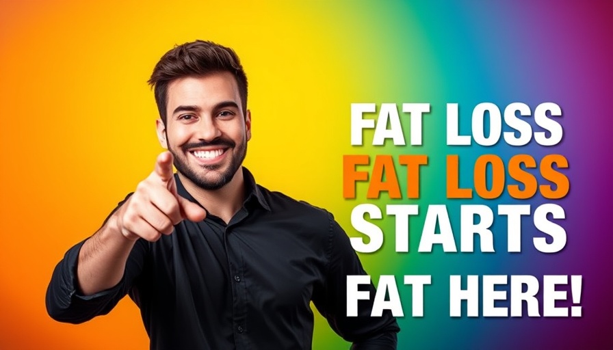 Smiling man pointing at text about fat loss, colorful background.