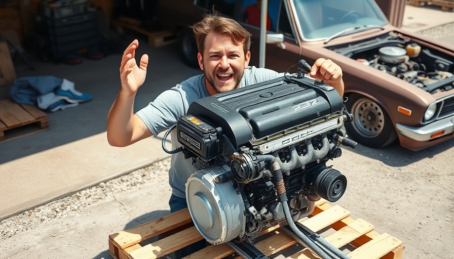 Chinese 2JZ engine presented outdoors by young man near old car.