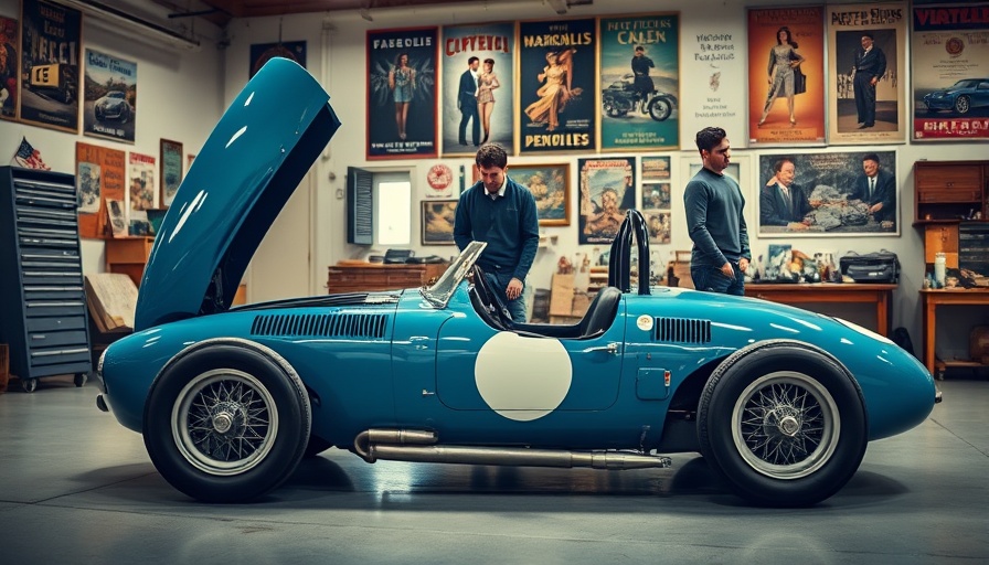 Compact blue race car in workshop, car maintenance tips setting