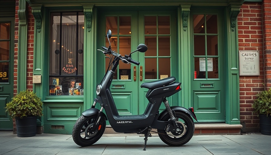 LiveWire electric mini bike in front of green storefront.