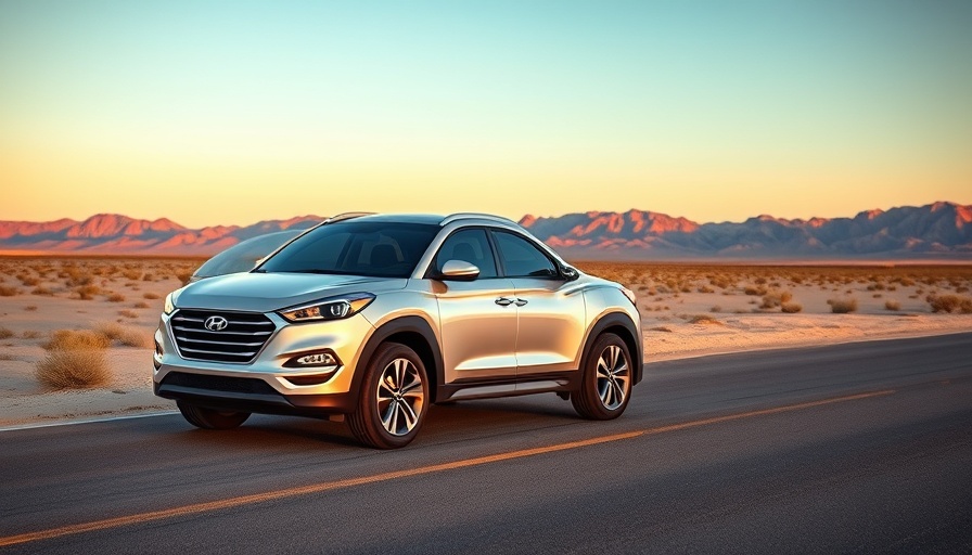 Silver Hyundai Tucson Hybrid parked in a scenic desert landscape.